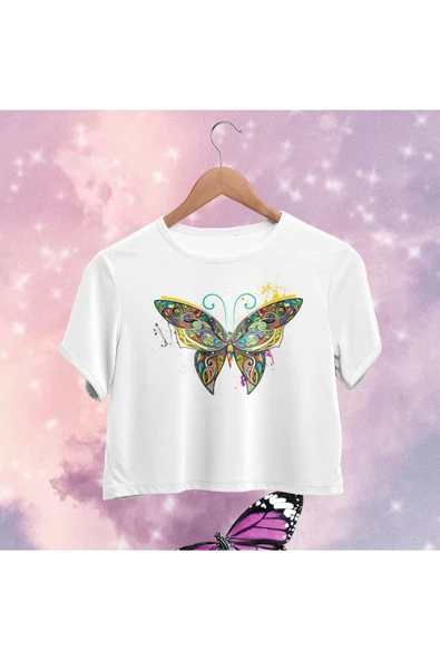 playbackmoda Crop-top Renkli Kelebek Baskılı Yarım Tişört ürün görseli