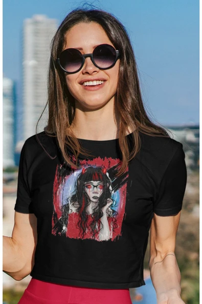 playbackmoda Crop-top Ilustrasyon Kadın Baskılı Yarım Tişört - Resim 2