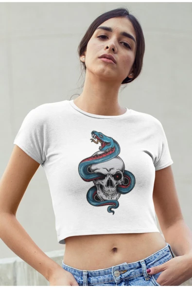 playbackmoda Crop-top Yılan Kurukafa Baskılı Yarım Tişört - Resim 2