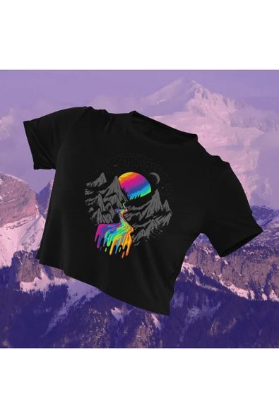 playbackmoda Crop-top Ilıustrasyon Nehir Dağ Güneş Baskılı Yarım Tişört ürün görseli