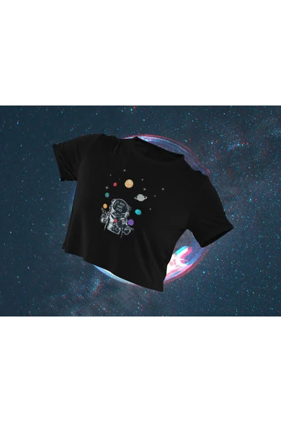 playbackmoda Crop-top Astronot Uzay Gezegenler Baskılı Yarım Tişört