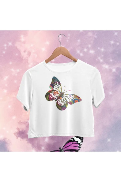playbackmoda Crop-top Renkli Kelebek Baskılı Yarım Tişört ürün görseli