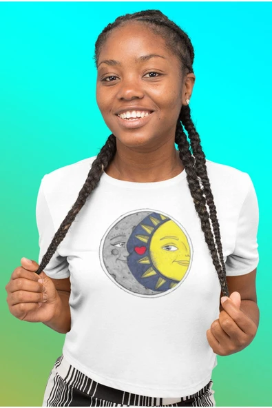 playbackmoda Crop-top Güneş ve Ay Baskılı Yarım Tişört - Resim 2
