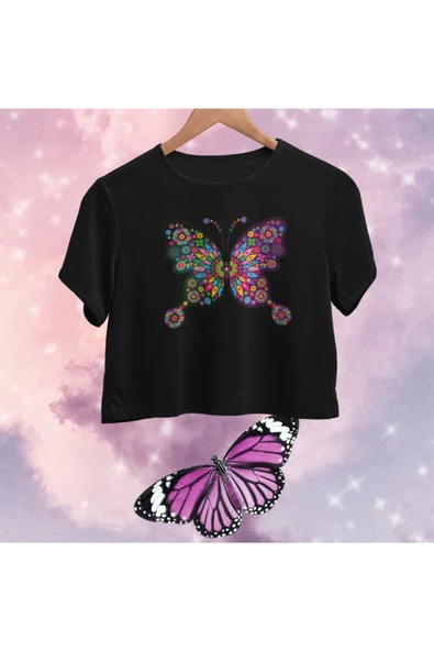 playbackmoda Crop-top Renkli Kelebek Baskılı Yarım Tişört