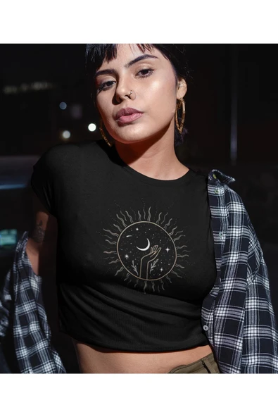 playbackmoda Crop-top Spritüel Semboller Baskılı Yarım Tişört