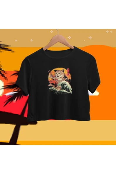 playbackmoda Crop Top Japon Kedi Baskılı Yarım Tişört ürün görseli