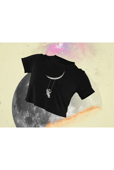 playbackmoda Crop-top Astronot Uzay Ay Baskılı Yarım Tişört