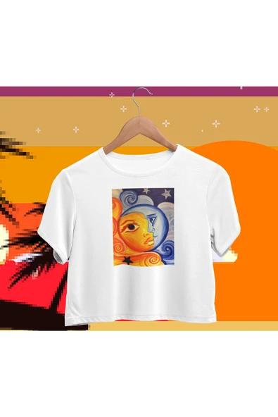 playbackmoda Crop-top Güneş ve Ay Baskılı Yarım Tişört - 1