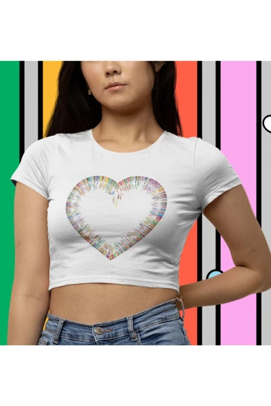 playbackmoda Crop-top Renkli Kalp Tasarım Yarım Tişört