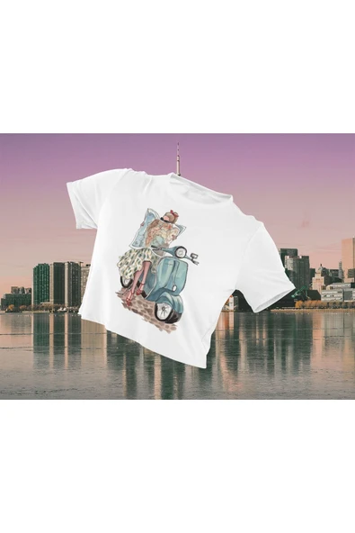 playbackmoda Crop-top Motorsiklet Vespa Baskılı Yarım Tişört ürün görseli