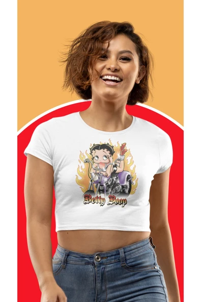 playbackmoda Crop-top Motorsiklet Betty Boop Baskılı Yarım Tişört