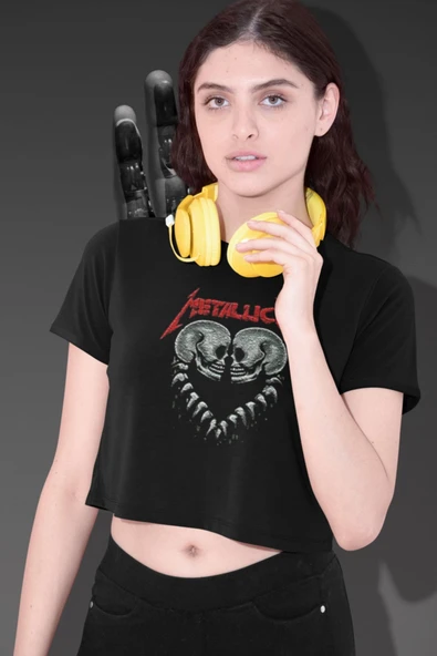 playbackmoda Crop-top Metalicca Tasarım Yarım Tişört