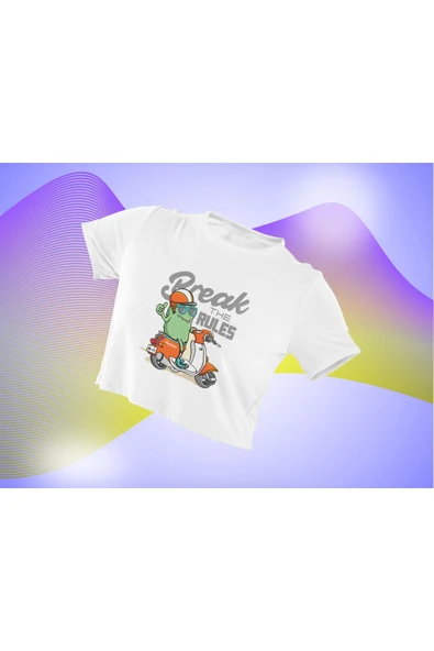 playbackmoda Crop-top Motorsiklet Break The Rules Yazı Baskılı Yarım Tişört ürün görseli