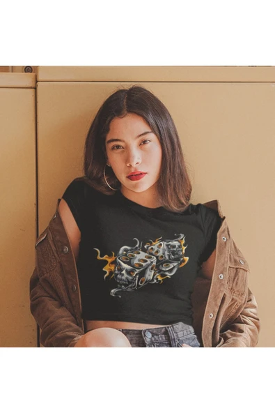 playbackmoda Crop-top Zar Kurukafa Baskılı Yarım Tişört