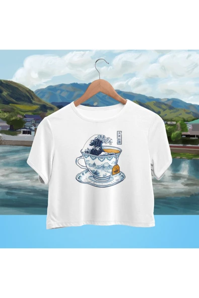 playbackmoda Crop-top Japon Fincan Dalga Baskılı Yarım Tişört ürün görseli