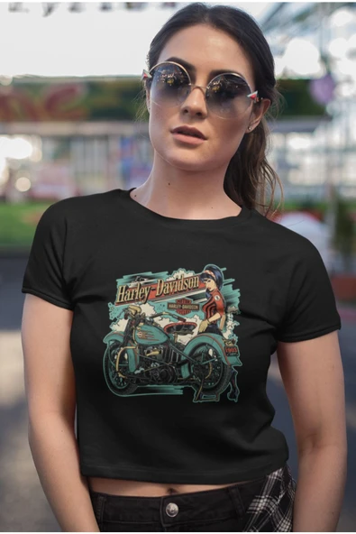 playbackmoda Crop-top Motorsiklet Chopper Classic Baskılı Yarım Tişört ürün görseli