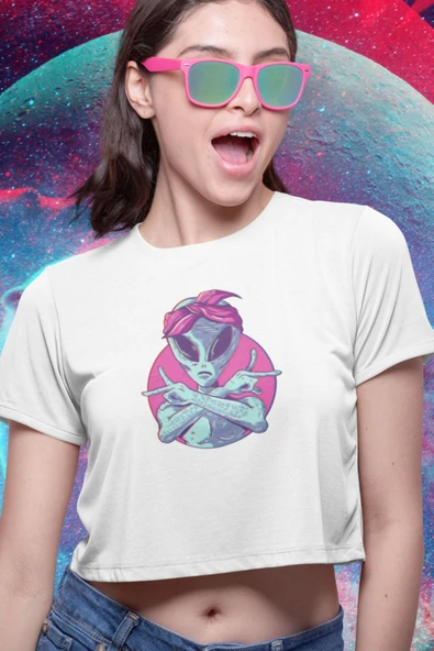 playbackmoda Crop - Top Uzaylı Alien Tasarım Kısa Tişört ürün görseli