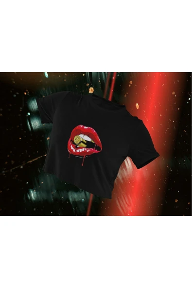 playbackmoda Crop-top Pop Art Dudak Kurşun Baskılı Yarım Tişört ürün görseli