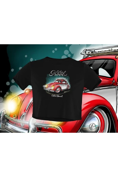 playbackmoda Crop-top Kırmızı-beyaz Wolksvagen Beetle Baskılı Yarım Tişört - 1