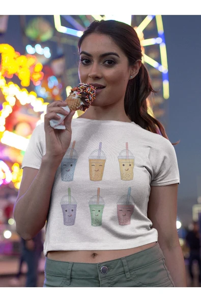 playbackmoda Crop-top Pop Art Milk Shake Baskılı Yarım Tişört ürün görseli