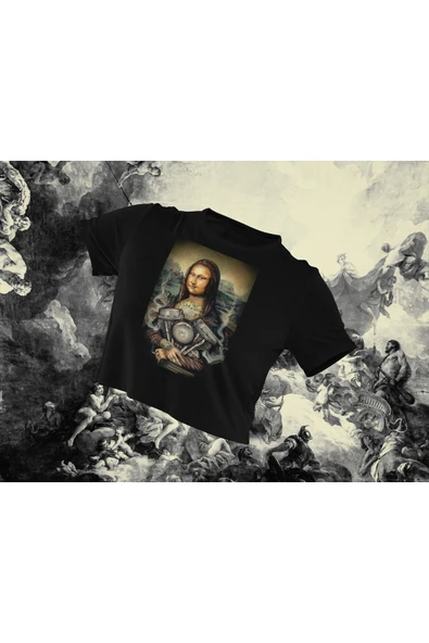 playbackmoda Crop-top Motorsiklet Mona Lisa Baskılı Yarım Tişört ürün görseli