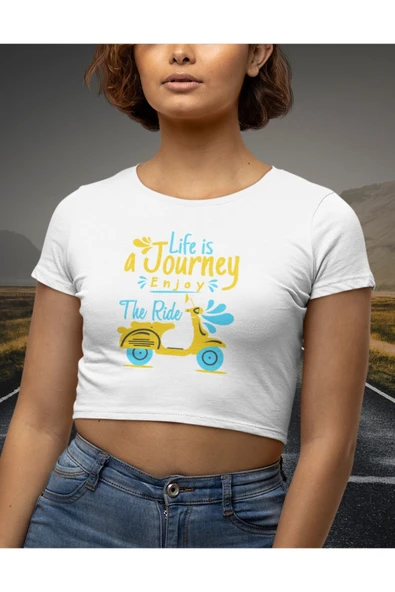 playbackmoda Crop-top Motorsiklet Vespa Baskılı Yarım Tişört ürün görseli