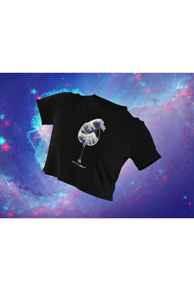 playbackmoda Crop-top Ilıustrasyon Bardak Deniz Dalga Baskılı Yarım Tişört