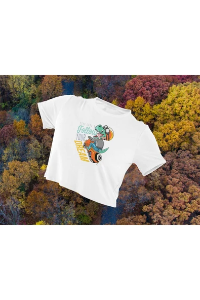 playbackmoda Crop Top Motorsiklet Follow Your Dream Yazı Baskılı Yarım Tişört