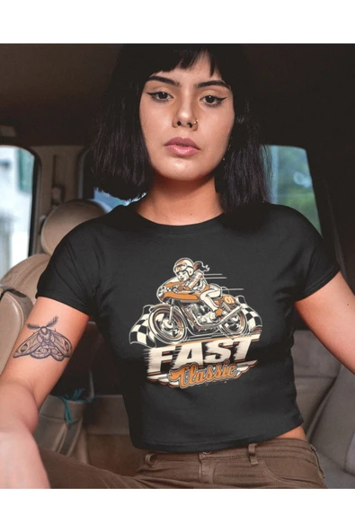 playbackmoda Crop-top Motorsiklet Fast Classic Baskılı Yarım Tişört ürün görseli