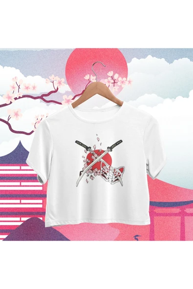 playbackmoda Crop-top Japon Katana Baskılı Yarım Tişört - 1