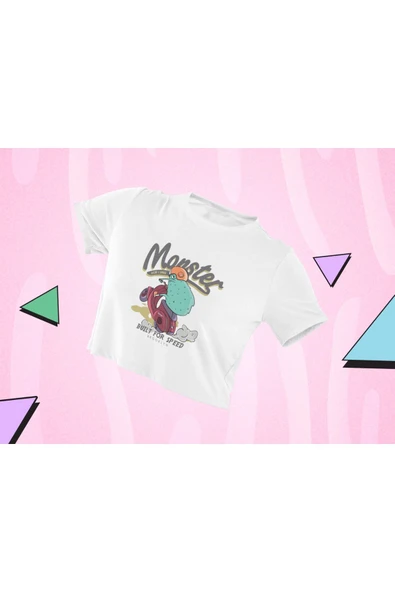 playbackmoda Crop-top Motorsiklet Monster Yazı Baskılı Yarım Tişört - 1