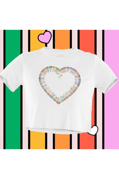playbackmoda Crop-top Renkli Kalp Tasarım Yarım Tişört - Resim 2