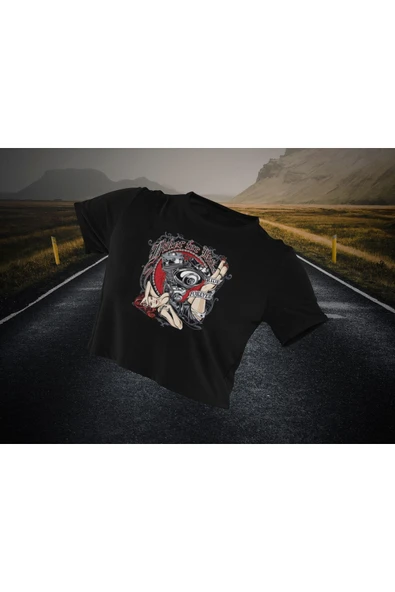 playbackmoda Crop-top Motorsiklet Ride Forever Yazı Baskılı Yarım Tişört