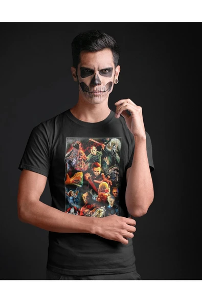 playbackmoda Akiki Tasarım, Korku Filmleri Kahramanları-psycho Dizayn, Afiş Tasarım, Siyah Oversize Tişört, M - Resim 3