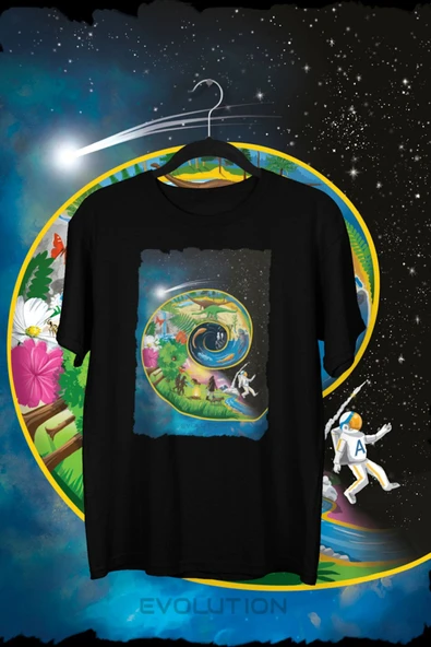 playbackmoda Akiki Tasarım, Evolution - Evrim, Bilimsel Tasarım, Siyah Oversize Tişört, S Beden ürün görseli