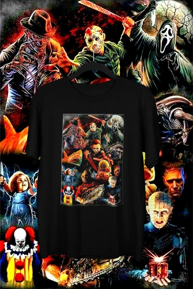 playbackmoda Akiki Tasarım, Korku Filmleri Kahramanları-psycho Dizayn, Afiş Tasarım, Siyah Oversize Tişört, M ürün görseli