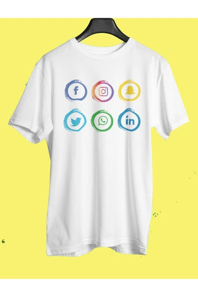 playbackmoda Oversize Renkli Sosyal Medya Logoları Yazılı Baskılı Oversize Tişört ürün görseli