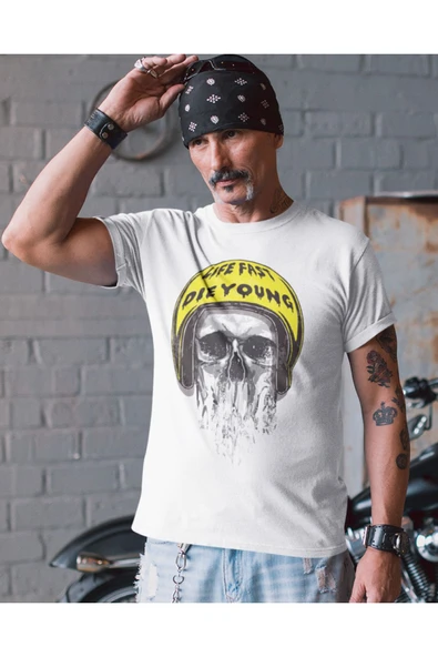 playbackmoda Owersize Motosiklet Kask Kurukafa Tasarım Baskılı Tişört - Resim 2