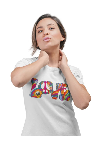 playbackmoda Oversize Renkli Çiçekli Love Yazı Baskılı Oversize Tişört - Resim 2