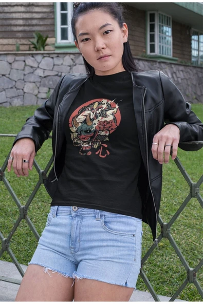 playbackmoda Owersize Tasarım Ilustrasyon Japon Kurukafa Baskılı Tişört - Resim 2