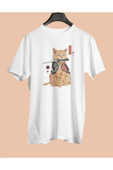 playbackmoda Owersize Tasarım Japon Kedi Samuray Baskılı Tişört ürün görseli