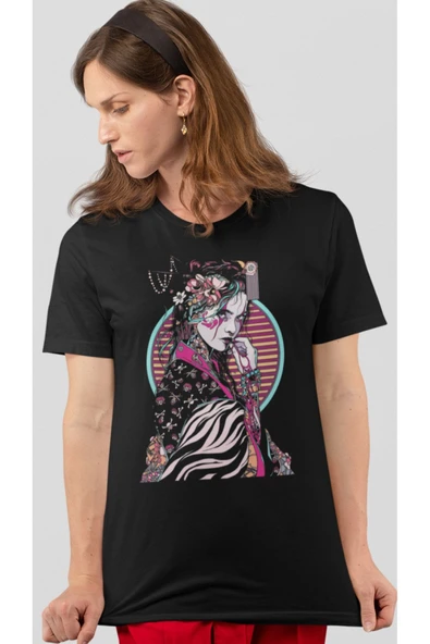 playbackmoda Owersize Ilustrasyon Japon Geyşa Tasarım Baskılı Tişört - Resim 2