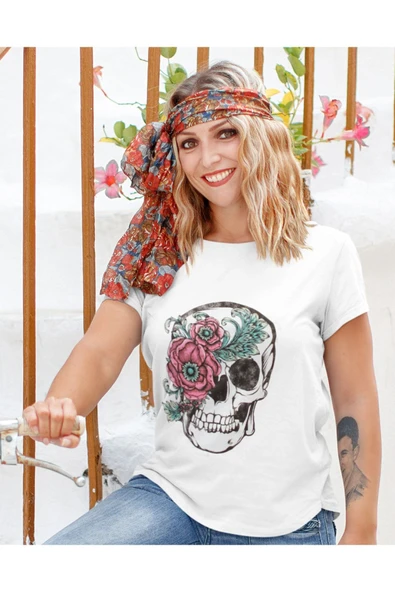 playbackmoda Owersize Gül Kurukafa Tasarım Baskılı Tişört - Resim 2