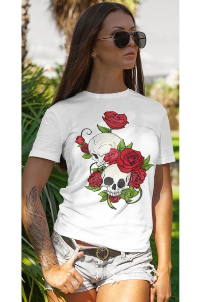 playbackmoda Owersize Gül Kurukafa Tasarım Baskılı Tişört - Resim 2