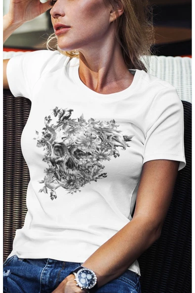 playbackmoda Owersize Ilustrasyon Kurukafa Tasarım Baskılı Tişört - Resim 2