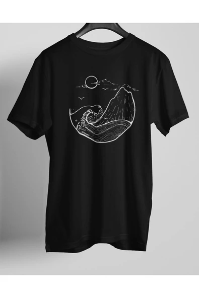 playbackmoda Owersize Tasarım Ilustrasyon Dağ Dalga Ay Baskılı Tişört ürün görseli