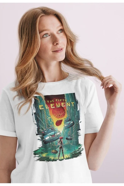 playbackmoda Unisex Beyaz Owersize Film Afiş The Fifth Element Tasarım Baskılı Tişört - Resim 2