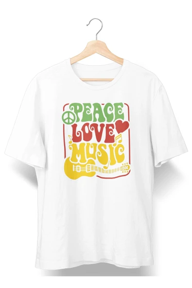 playbackmoda Oversize Renkli Peace Love Musıc Yazılı Baskılı Oversize Tişört ürün görseli