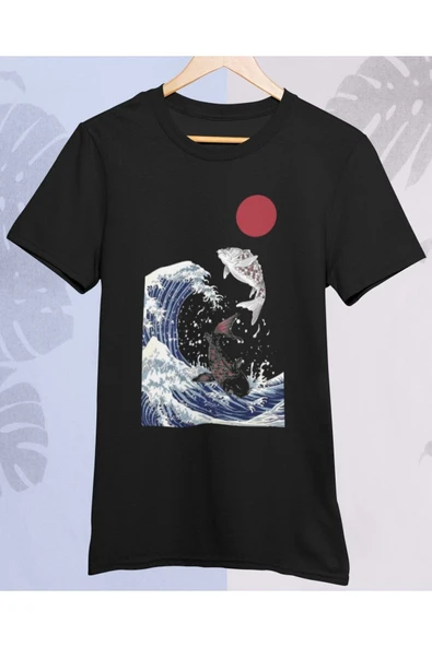 playbackmoda Owersize Tasarım Ilustrasyon Dalga Balık Baskılı Tişört ürün görseli