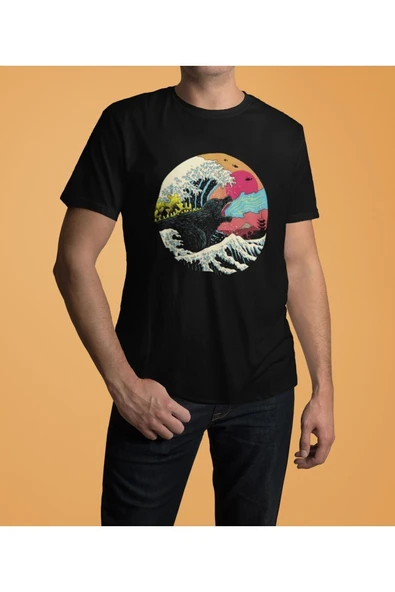 playbackmoda Owersize Tasarım Dalga Godzilla Baskılı Tişört - Resim 2